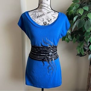 Carmin Banded Waist Short Sleeve Top Blue Sz L